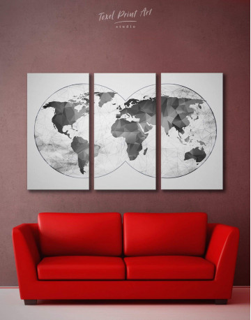 3 Pieces Gray Geometric World Map Canvas Wall Art