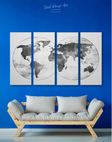 4 Panels Gray Geometric World Map Canvas Wall Art