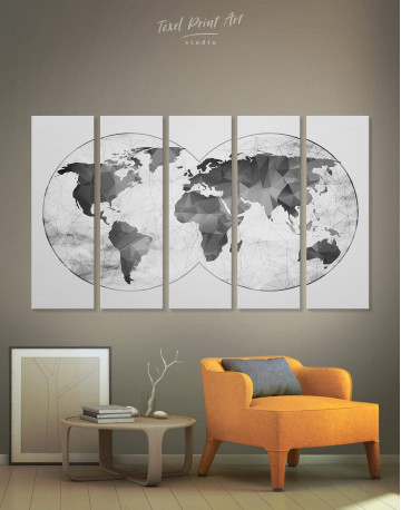 5 Pieces Gray Geometric World Map Canvas Wall Art