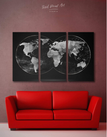 3 Piece Black Hemisphere World Map Canvas Wall Art