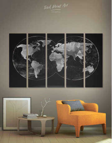 5 Piece Black Hemisphere World Map Canvas Wall Art