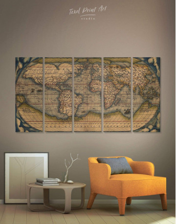 5 Panels Vintage World Map Canvas Wall Art