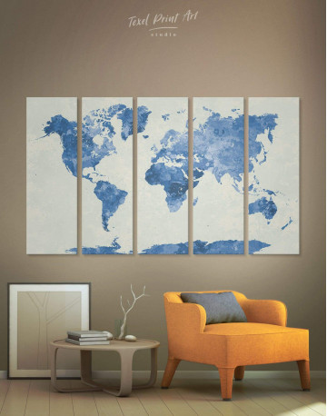 5 Panel Watercolor Blue World Map Canvas Wall Art