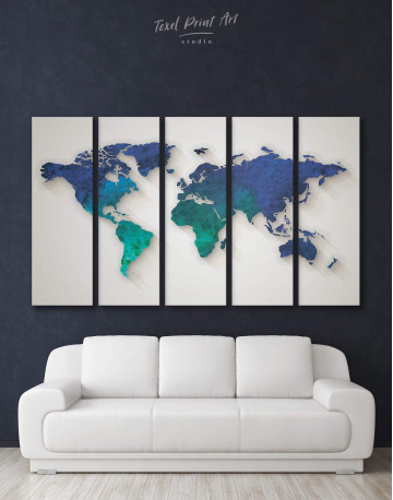 5 Piece Abstract Aquamarine World Map Canvas Wall Art