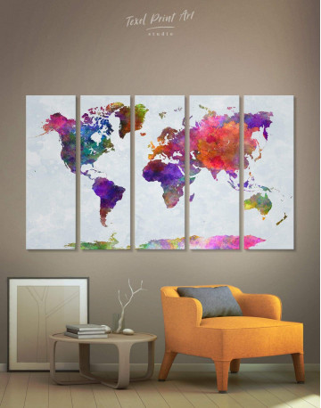 5 Panel Modern Colorful World Map Canvas Wall Art