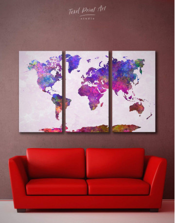 3 Pieces Purple Abstract World Map Canvas Wall Art