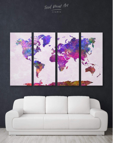 4 Panels Purple Abstract World Map Canvas Wall Art