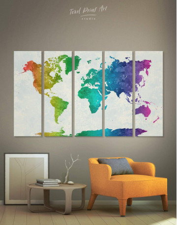 5 Panels Rainbow Abstract World Map Canvas Wall Art