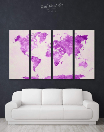 5 Panels Violet Watercolor World Map Canvas Wall Art