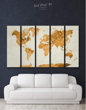 5 Panel Large Gold World Map Canvas Wall Art
