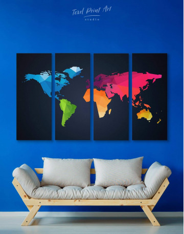 4 Panels Colorful Geometric World Map Canvas Wall Art