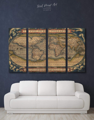 4 Panels Antique Map of the World Canvas Wall Art