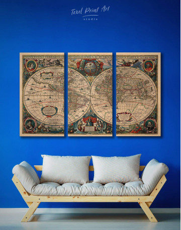 3 Panels Old Hemisphered World Map Canvas Wall Art