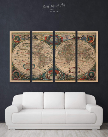 4 Pieces Old Hemisphered World Map Canvas Wall Art