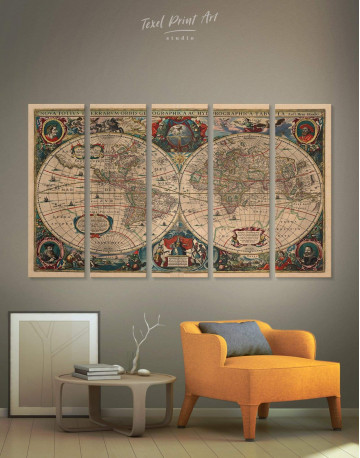 5 Panels Old Hemisphered World Map Canvas Wall Art