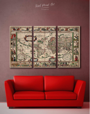 3 Panels Large Antique Style World Map Canvas Wall Art