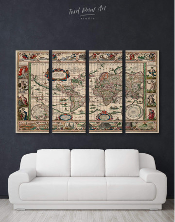 4 Pieces Large Antique Style World Map Canvas Wall Art