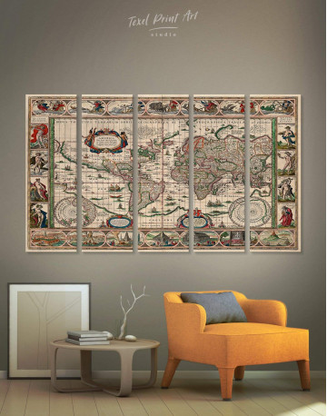 5 Panels Large Antique Style World Map Canvas Wall Art