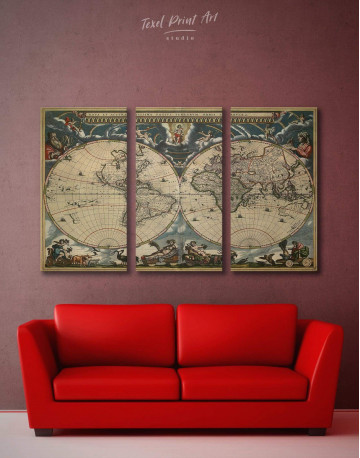 3 Panels Antique Style Map of the World Canvas Wall Art
