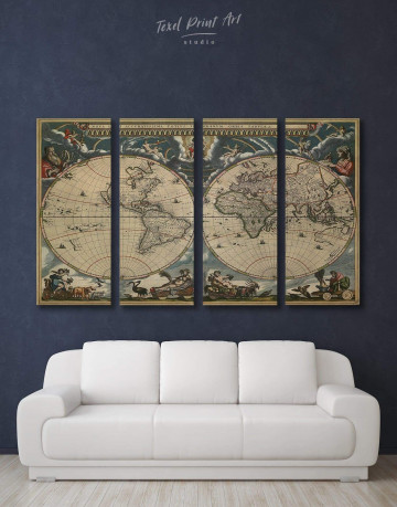 4 Panels Antique Style Map of the World Canvas Wall Art
