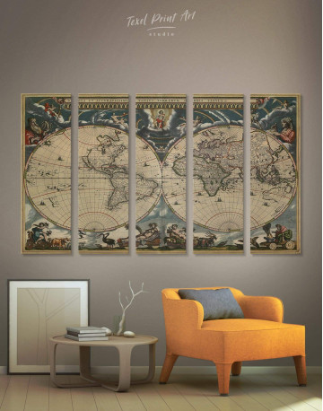 5 Pieces Antique Style Map of the World Canvas Wall Art