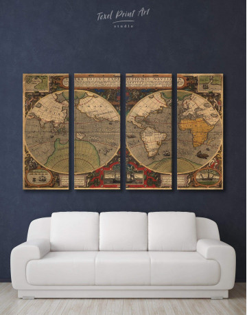 4 Panels Vintage Hemisphered World Map Canvas Wall Art