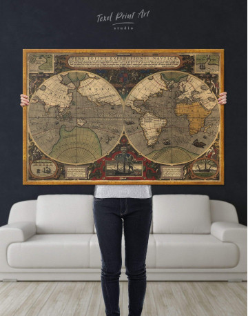 Framed Vintage Hemisphered World Map Canvas Wall Art - image 2