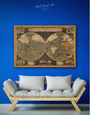 Framed Vintage Hemisphered World Map Canvas Wall Art - image 1