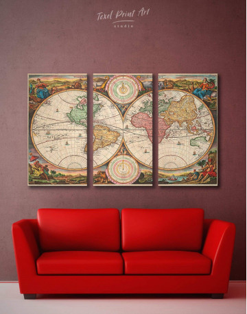 3 Panels Antique Hemisphered World Map Canvas Wall Art
