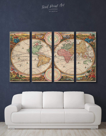 4 Panels Antique Hemisphered World Map Canvas Wall Art