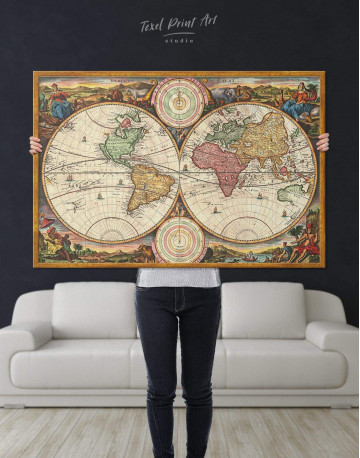 Framed Antique Hemisphered World Map Canvas Wall Art - image 4