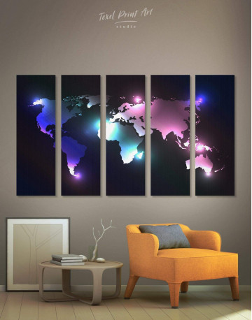 5 Panels Shining Abstract World Map Canvas Wall Art