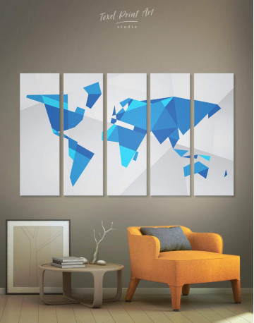 5 Pieces Blue Geometric World Map Canvas Wall Art