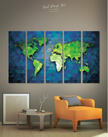 5 Panels Blue and Green World Map Canvas Wall Art