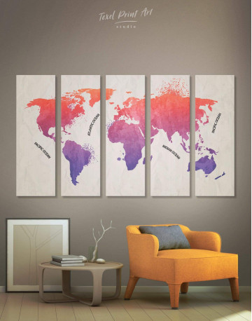 5 Pieces Modern Pink World Map Canvas Wall Art
