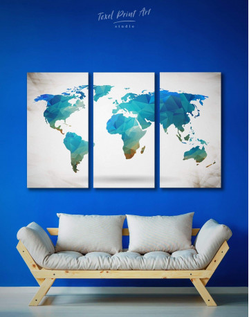 3 Panels Geometric Navy Blue World Map Canvas Wall Art