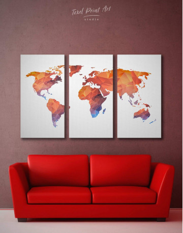 3 Panels Polygonal Orange World Map Canvas Wall Art