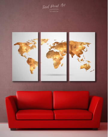 3 Pieces Gold Geometric World Map Canvas Wall Art