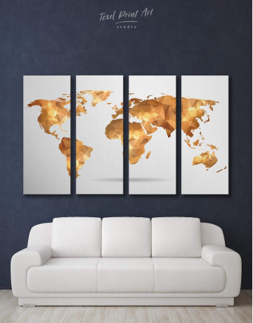 4 Panels Gold Geometric World Map Canvas Wall Art
