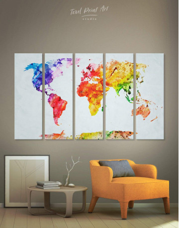 5 Piece Multicolored Abstract World Map Canvas Wall Art