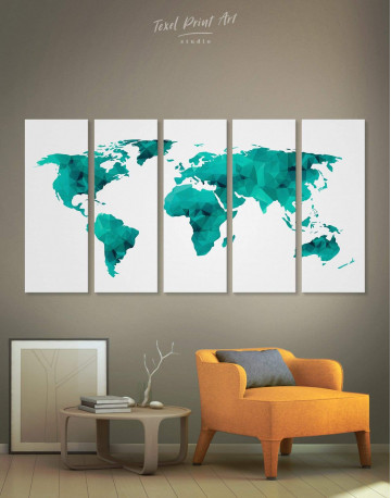 5 Pieces Teal Abstract World Map Canvas Wall Art