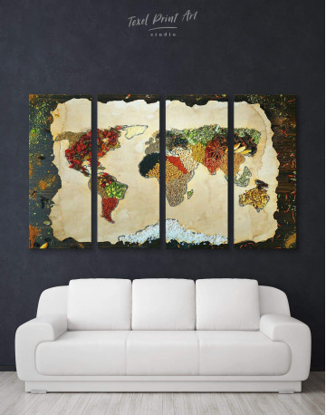 4 Panels Spices World Map Canvas Wall Art