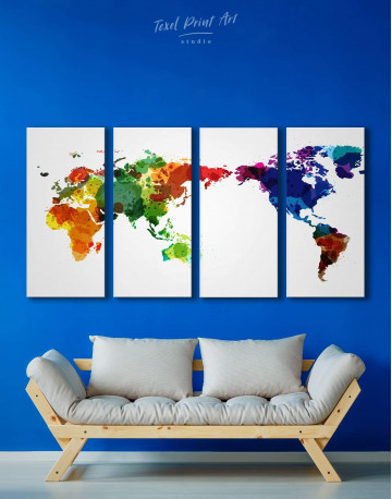 4 Panels Unique World Map Canvas Wall Art