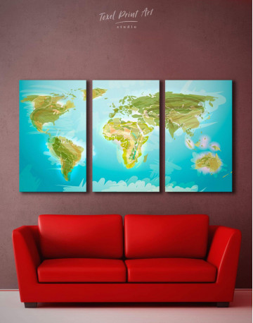 3 Panels Green Physical World Map Canvas Wall Art