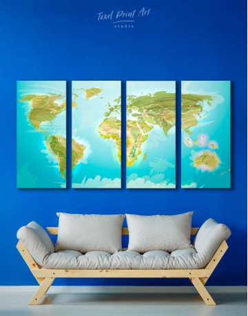 4 Pieces Green Physical World Map Canvas Wall Art