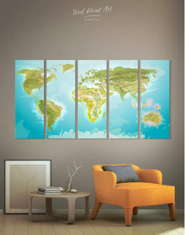 5 Panels Green Physical World Map Canvas Wall Art