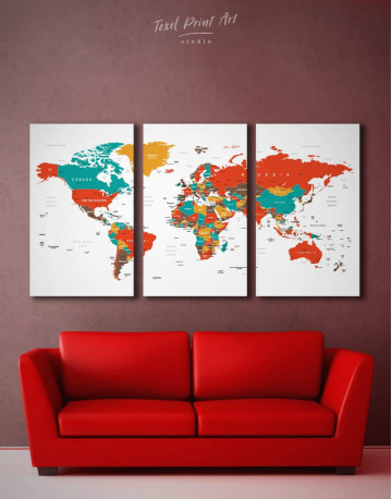 3 Pieces Modern World Map With Pins Canvas Wall Art