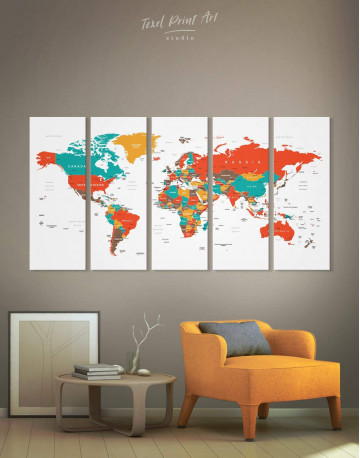 5 Panels Modern World Map With Pins Canvas Wall Art