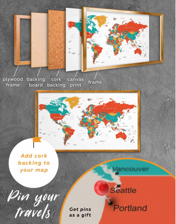 Framed Modern World Map With Pins Canvas Wall Art - image 2