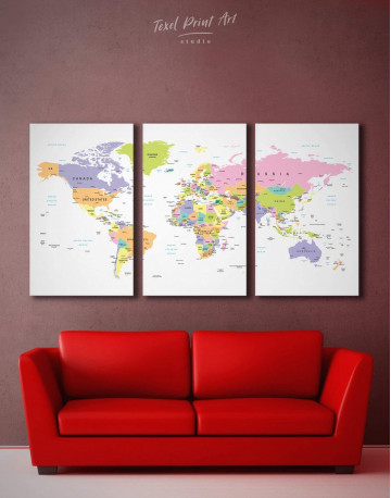 3 Panels Pushpin World Map Canvas Wall Art